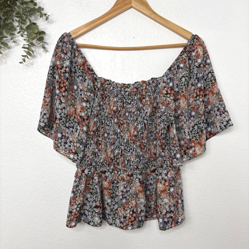 Arula Floral Smocked Peplum Top Square Neck Flutter Sleeve Womens Size X Boho